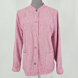 Chicos Jacket 3 Womens XL Linen Blend Reversible Pink White Stripe Snaps Beach